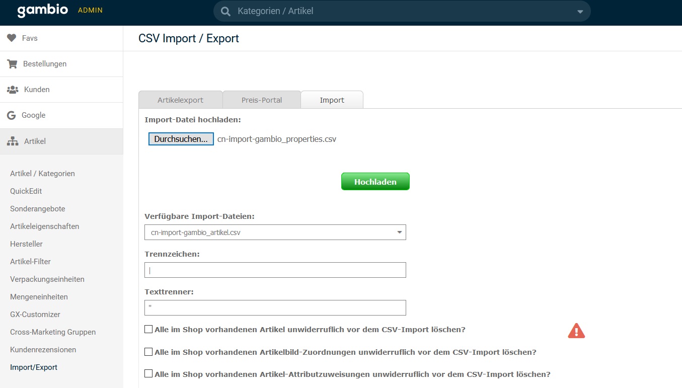 Gambio-Shop Import Artikeleigenschaften aus CSV-Datei