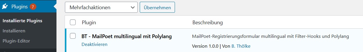 Plugin Installation mit Filter-Hooks für MailPoet multilingual mit Polylang