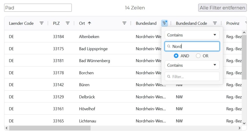 Beispiel AG-Grid Tabelle mit Suchfeld, Spaltensortierung und Selektion in einer Spalte