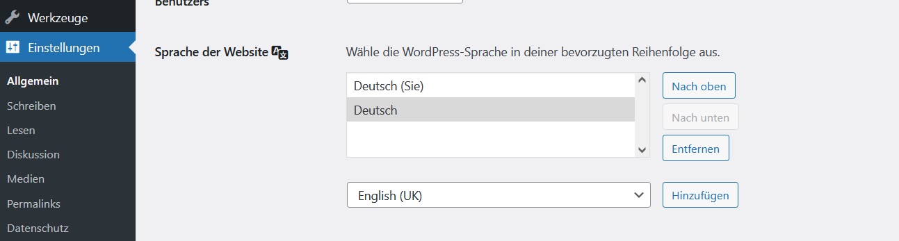 Wordpress Einstellungen - Sprache der Website - Fallback Lösung mit Plugin Preferred Languages